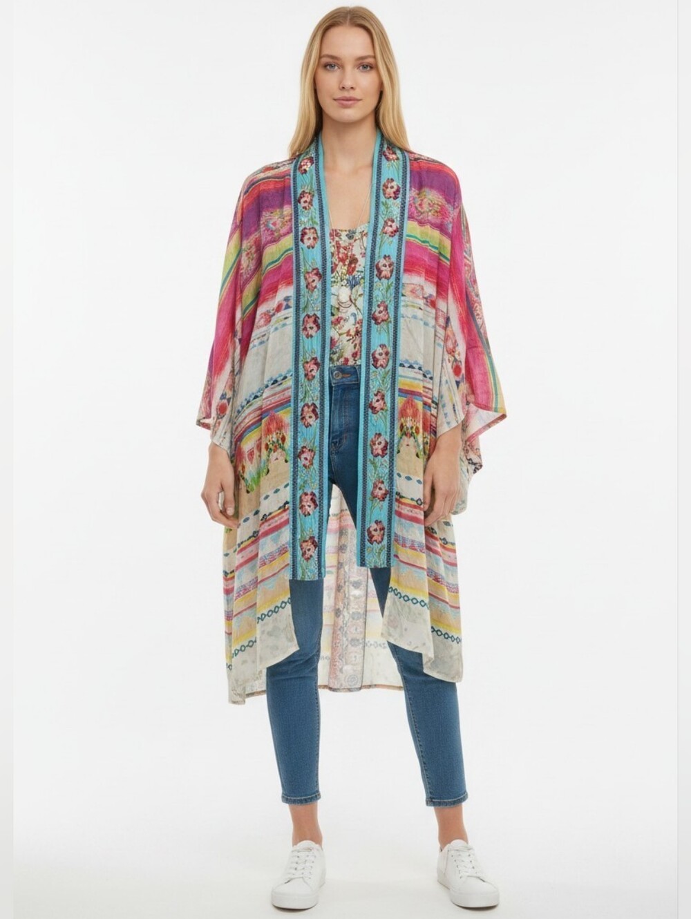 Johnny Was Multicolor Striped & Aztec Print Kimono